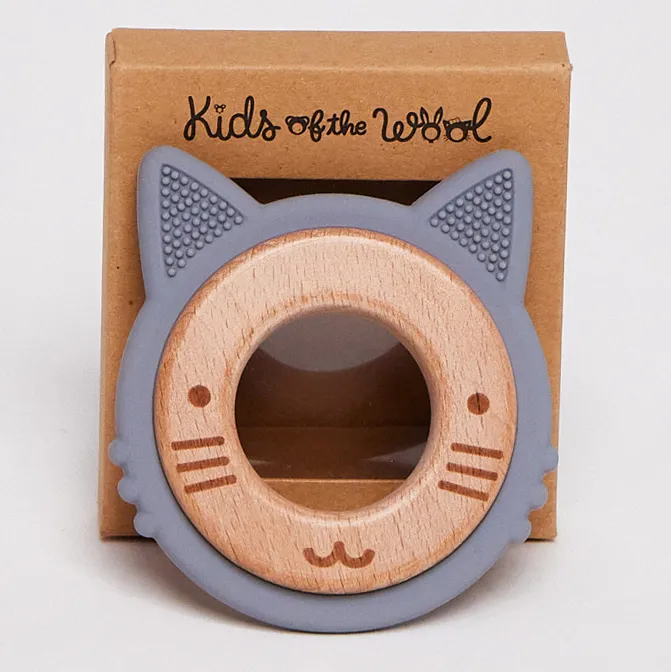 Anneau de dentition en silicone et bois pour bébé, modèle Chat, Kids of the Wool                         