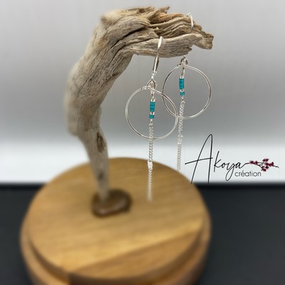 Boucles d'oreille "Enkei" créole en argent et perles Miyuki turquoise