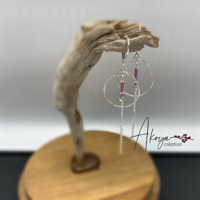 Boucles d'oreille "Enkei" créole en argent et perles Miyuki violet