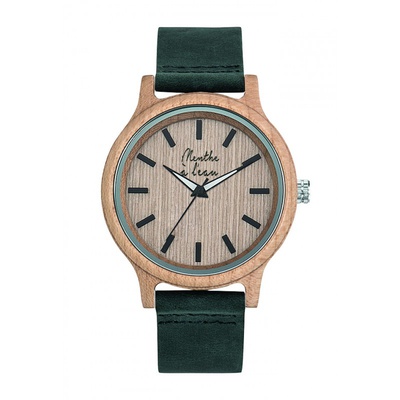 Montre Mixte made in france, l'Erable, cuir et bois, kaki, 157