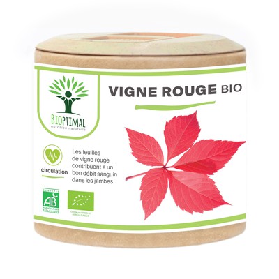 Vigne rouge Bio - Complément alimentaire Bioptimal - Jambes Lourdes Peau Saine Circulation Sanguine Hémorroïdes - 300 mg de Feuille de Vigne x gélule - Made in France - Certifié Ecocert - 60 gélules