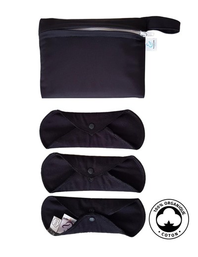 Lot de 3 Protège-slips en flanelle de coton Bio + pochette imperméable - All Black - Mini