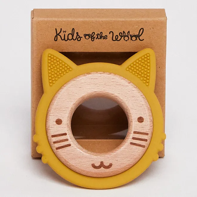 Anneau de dentition en silicone et bois pour bébé, modèle Chat, Kids of the Wool        