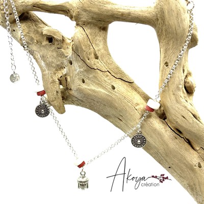 Bracelet de cheville, Collection « ASHIKUI  » thème Bouddha & Mandalas , Rouge & Blanc, fabriqué en france